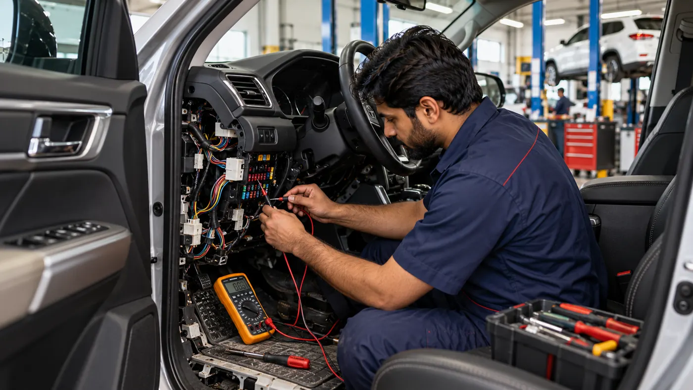 Auto electrician testing wiring