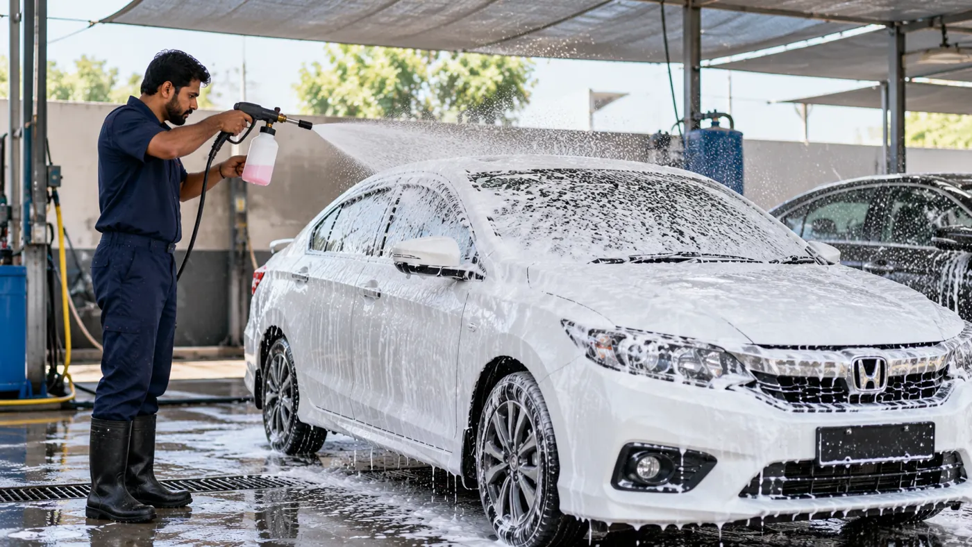 Foam wash on a white sedan