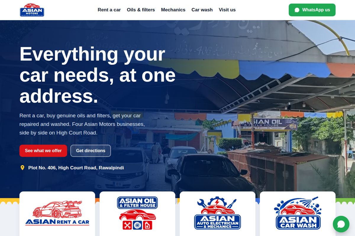 Asian Motors website preview: rent a car, oils and filters, mechanics and car wash