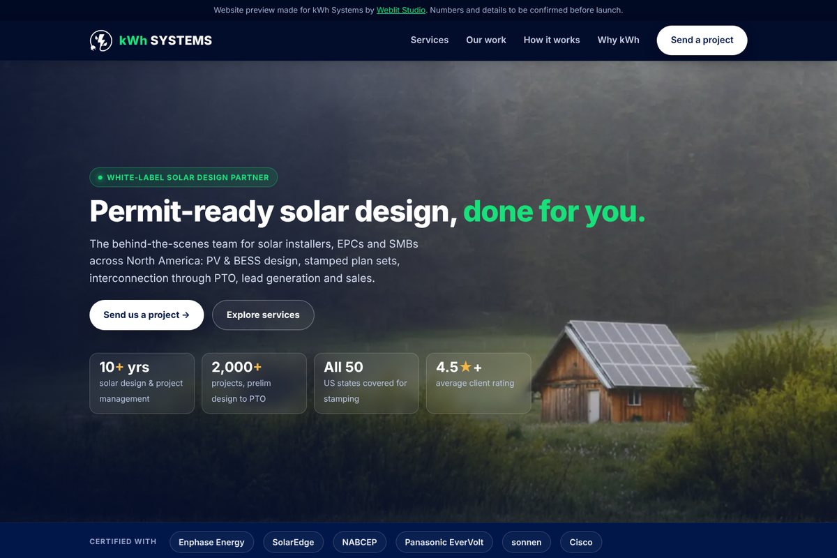 kWh Systems website preview: permit-ready solar design, done for you