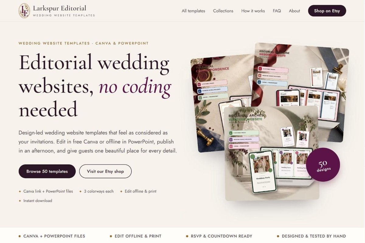 Larkspur Editorial website homepage: editorial wedding website templates
